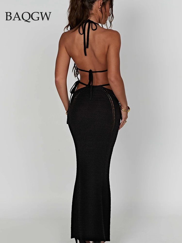 Summer Knitted Crochet 2 Piece Set Lace Up Halter Crop Top and Maxi Skirt Matching Co Ords Outfits Y2K Clothes Party Elegant 240401