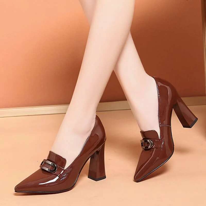 High Heels Dress Pointed Toe Woman Pumps Black Patent Leather Chain Slip on Square Heel atos Mujer ery Shoes Women