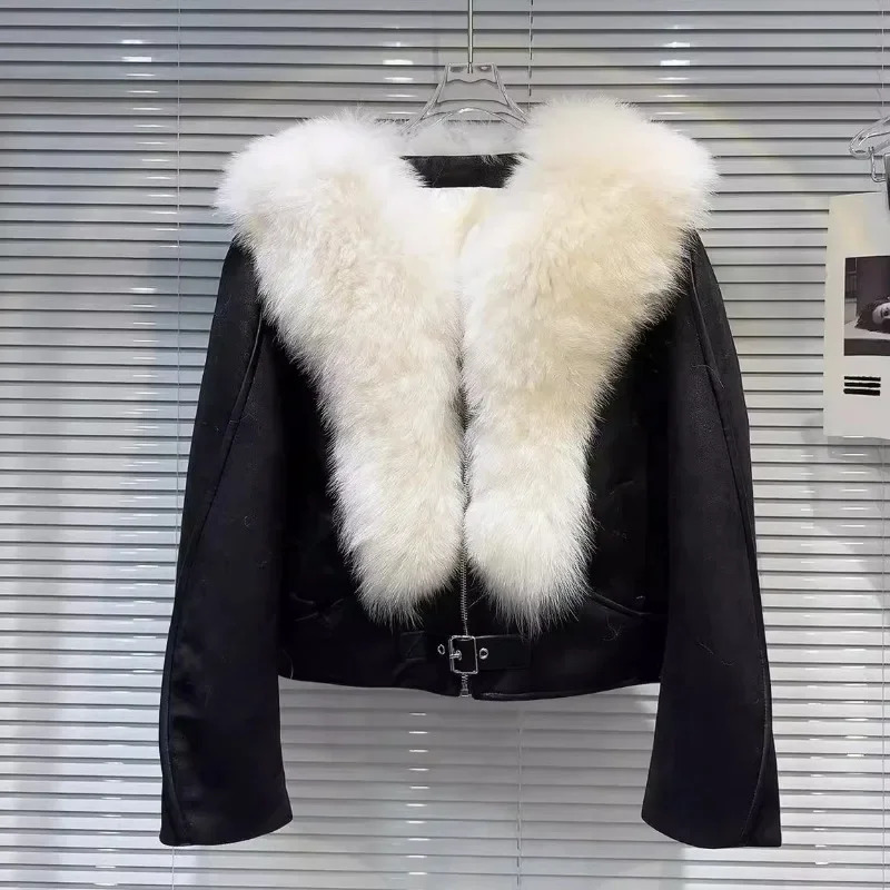 Winter Big Fox Fur Collar Suede Lining Leather Jacket Womens Clothing Long Sleeve Park Cotton Lining 241108