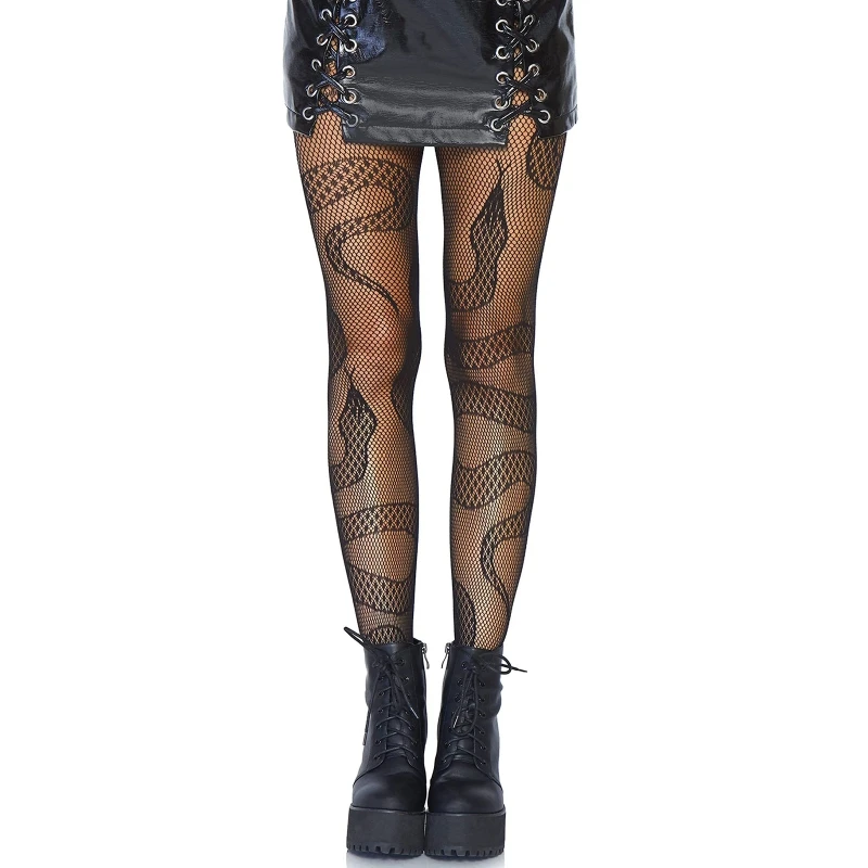 Snake Patterned new Tights Women Black See Through Mesh 2025 Pantyhose Clubwear