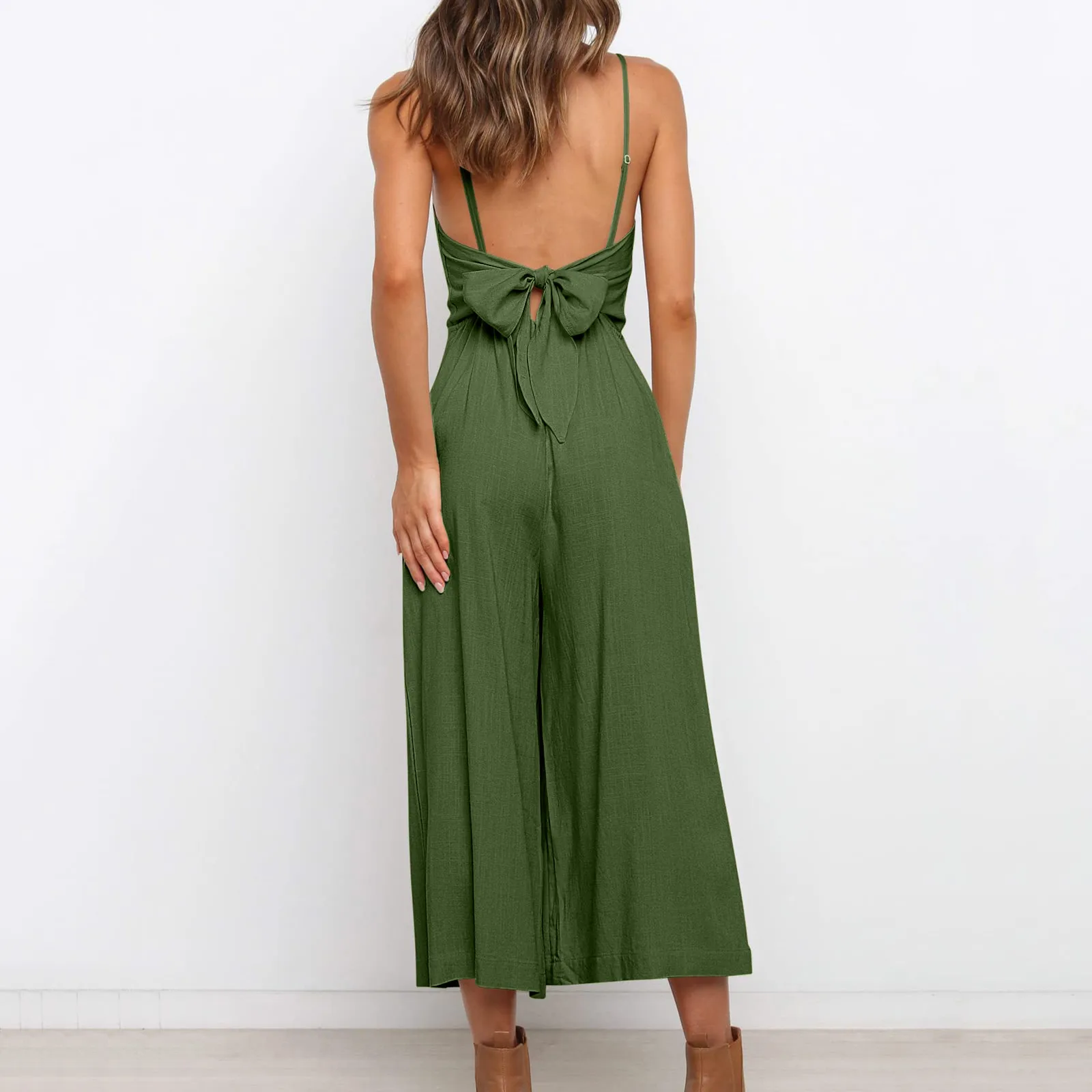 Summer 2024 Elegant Rompers Sexy Soild Backles Sling Top Jumpsuits Women Strap Wide Leg Playsuits Casual V-neck Overall Bodysuit smile