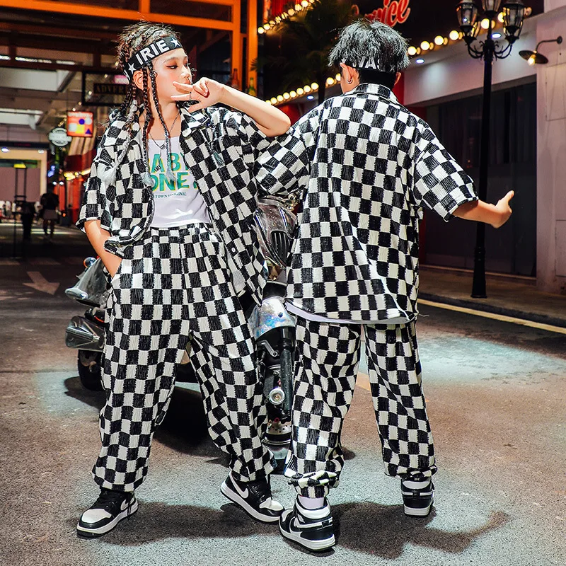 Clothing Hop Kid Hip Black Checkered Shirt Short Sleeve Top ddmysmile Streetwear Baggy Jogger Pants For Girl Boy Dance Costume Clothes Set Smile