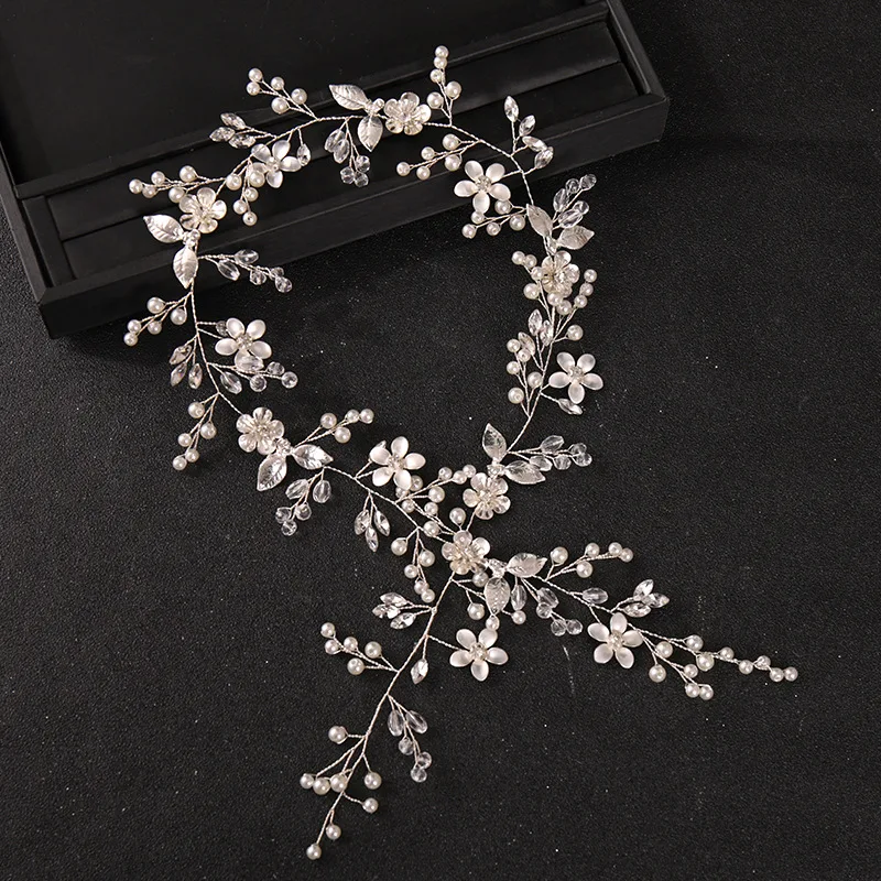 Flower Rhinestone Crystal Long Pearl Headbands Hairbands Tiaras For Bride Women Wedding Hair Accessories Ornaments Jewelry Gift smile