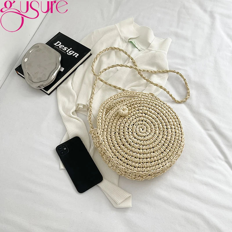 Straw Bags Summer Gusure For Women Handmade Woven Beach Bag Raffia Small Purse and Handbags Ladies Travel Shoulder Crossbody Bag smile