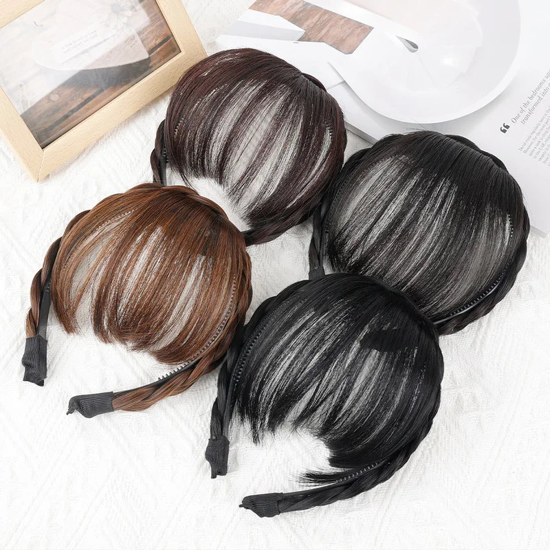 Bangs Synthetic Hair Fake Neat Fringe Bands With Double Row Braids Headband Heat Resistant Bangs In Hair Extensions ddmysmile Hairpieces Smile