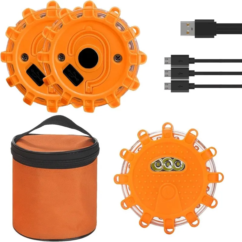 Pack Road 3 LED Flares Emergency Lights USB Rechargeable Roadside Warning Safety Disc Magnetic Base Flashing Flare Kit for Car smile