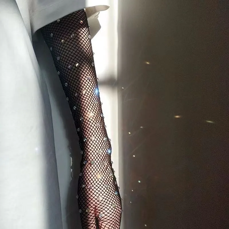 Rhinestone Long Fishnet Sexy Hand Gloves Women Stretchy Shiny Dia Black Lace Gloves Club Full Finger Ultra-Thin Mesh Mittens smile