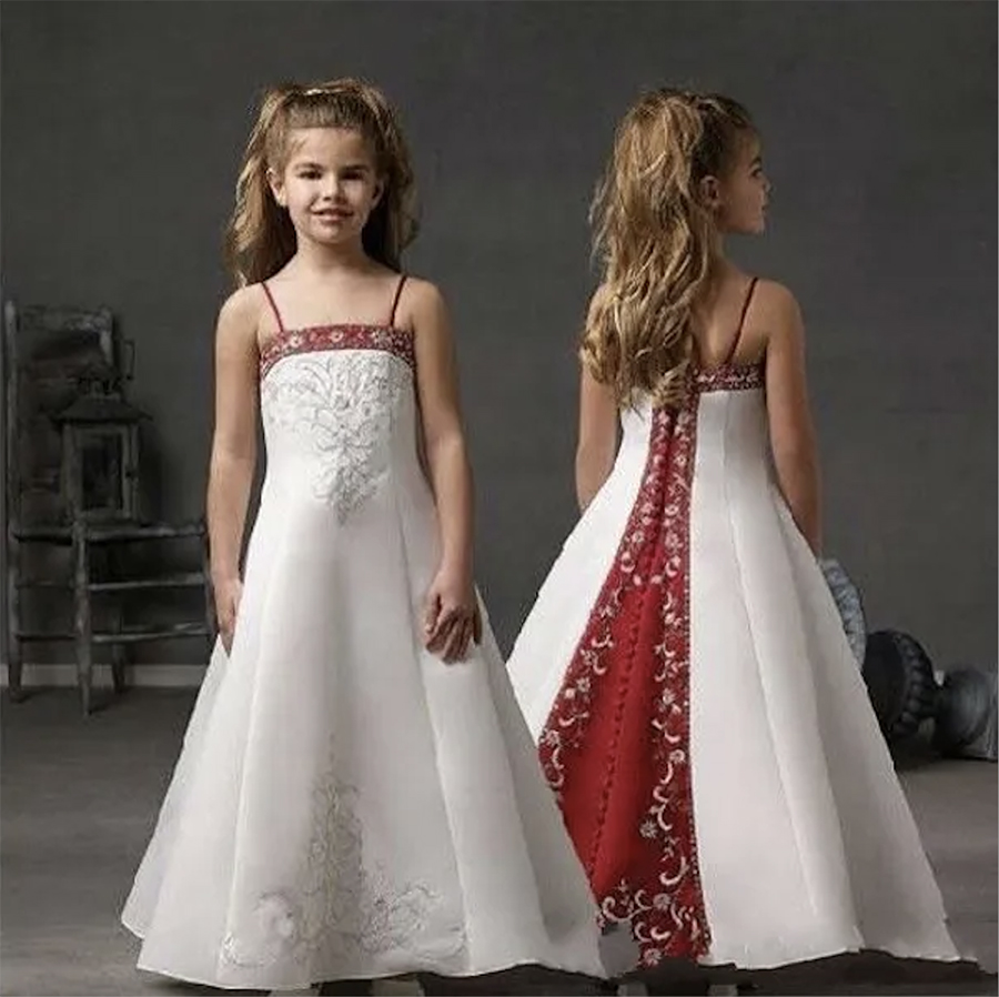 White and Red Satin Flower Girl Dresses For Wedding Spaghetti Straps Embroidery Lace Kids Birthday Party First Communion Gowns