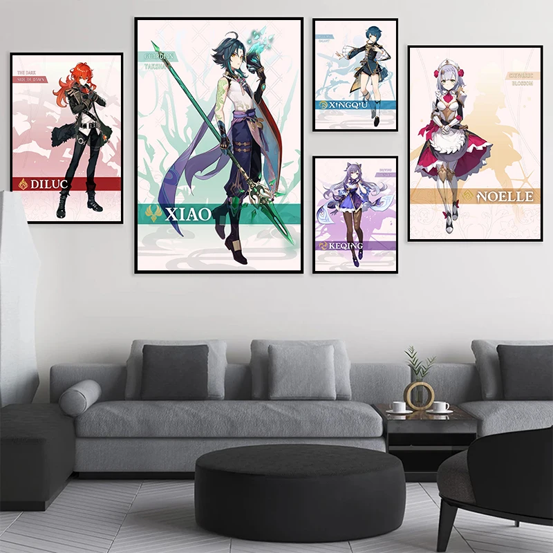 Impact Poster Game Genshin Characters Xiao Klee Mona Ganyu Canvas Painting Print Wall Picture Living Room Home Decor Cuadros smile