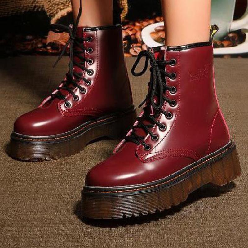 Leather Martin Boots Thick Sole 5cm Women High Top Platform Ankle Boots Winter Autumn Front Lace-up Waterproof Motorcycle Boots