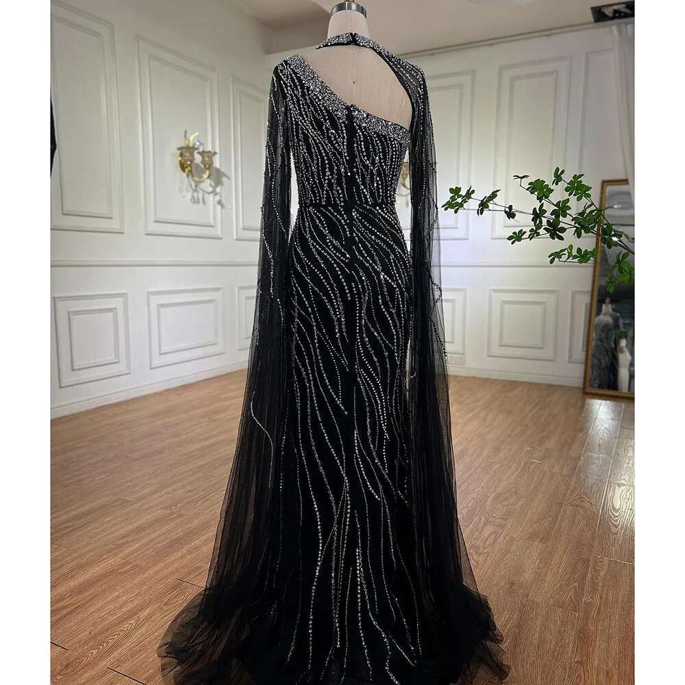 Serene Hill Black Mermaid Cape Sleeves Beaded Evening Dresses Gowns Arabic Party LA Customized