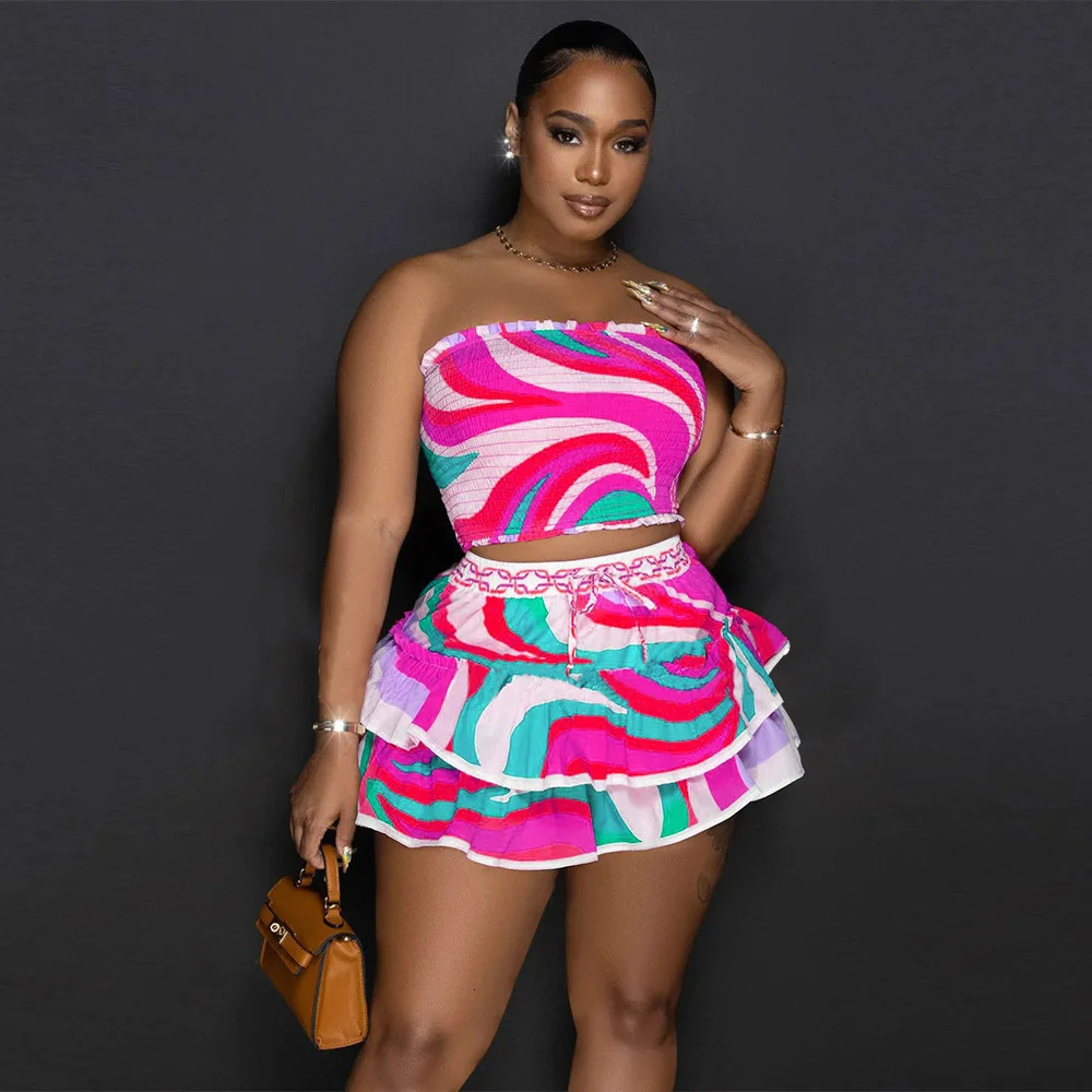Sexy Women Two Pieces Set Printed Sleeveless Backless Breast Wrap Top and Pleated Mini Skirt Club Party Outfits 240329