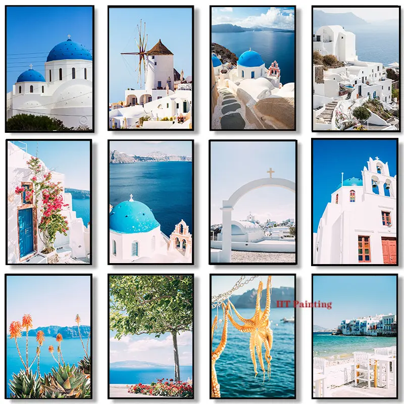 Island Santorini Aegean Greece Sea Landscape Poster Canvas Painting Nordic Wall Art Pictures Living Room Home Hotel Decor smile