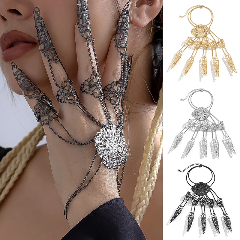 Punk Finger-cot Link Vintage Chain Bracelet Indian Thai Gold Color Connected Finger Ring Bracelet For Women Belly Dancer Cosplay smile