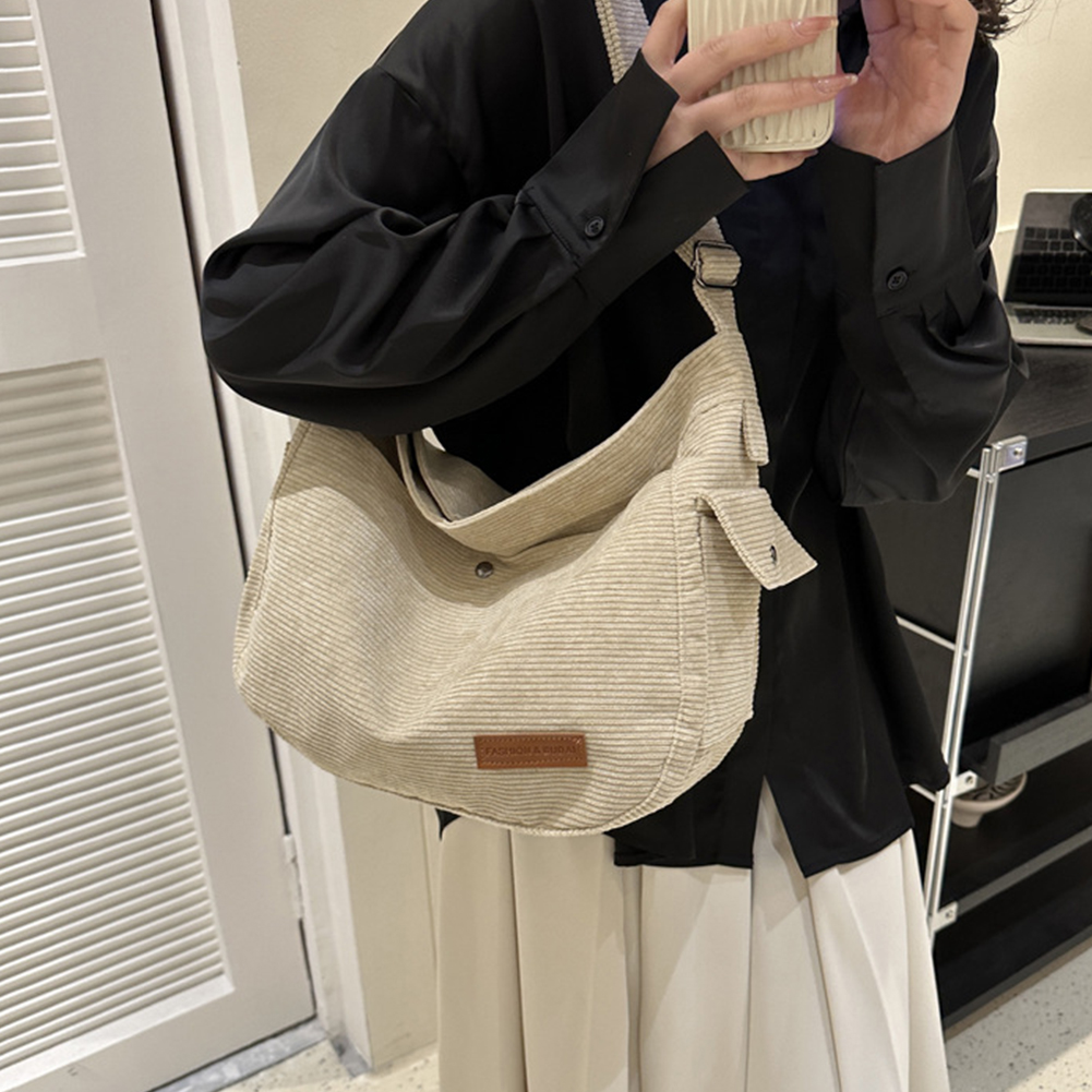 Women Casual Satchel Bag Large Capacity Daily Crossbody Bag Corduroy Adjustable Strap Solid Color Leisure Travel Outdoor Bag