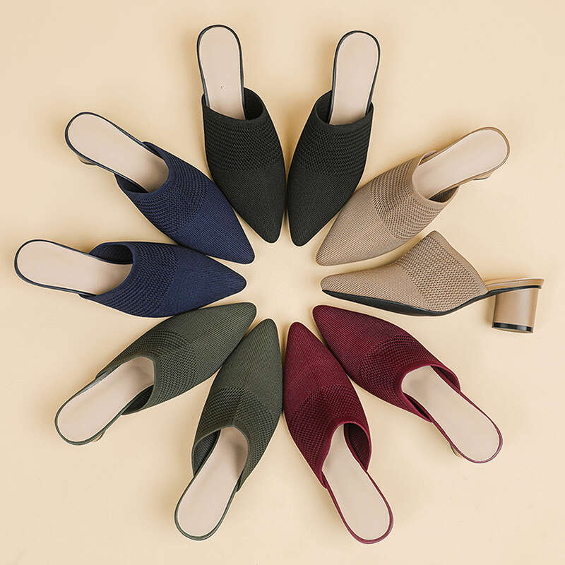 Half Female 2025 Summer New Breathable Women High Heel Slippers Fashion Large Size Women's Knitted Shoes