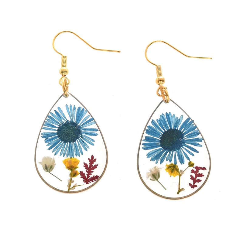 1Pair Pressed Oval Fresh Real Dried 2025 Flower Dangle Earring Daisy Hibiscus Petal Blossm Hook Resin new Drop Earring for Women Party