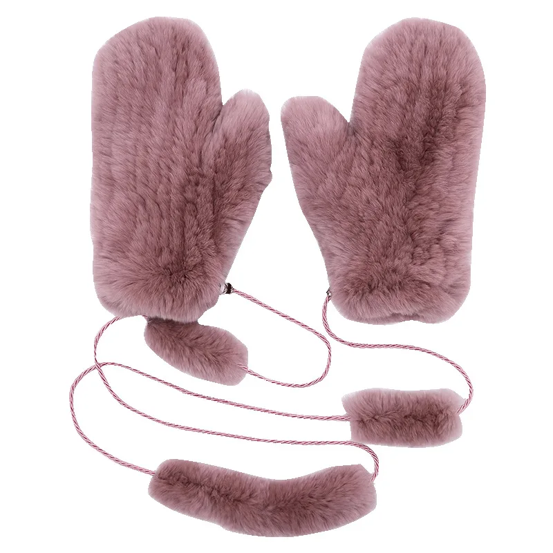 Real Women's Rex Winter Rabbit Fur Gloves Warm Thick Ladies Fur Mittens Elastic Girls Ski Glove Mitts Elastic Soft With String smile