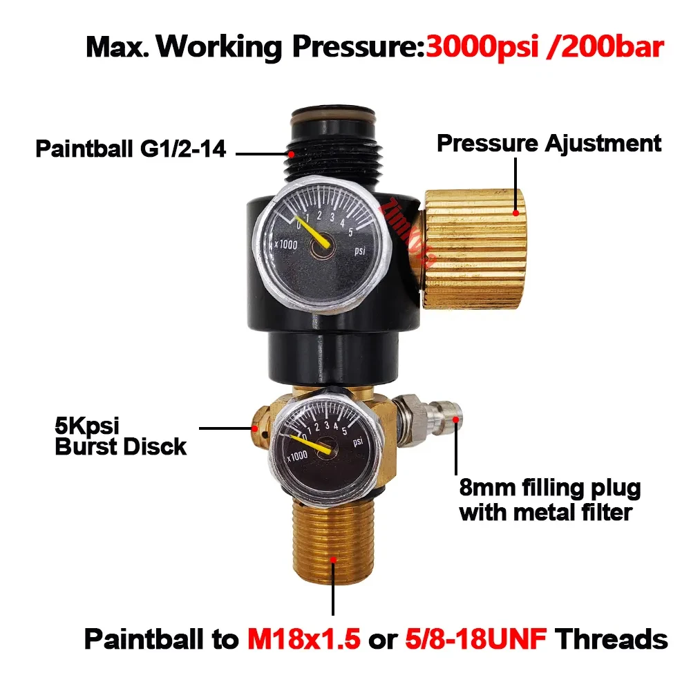 Air Tank Bottle HPA Regulator Valve for Air soft,M18x1.5,5/8-18UNF,G1/2-14 Output HP 200bar 3000Psi,Pressure Gauge,Refill Nipple