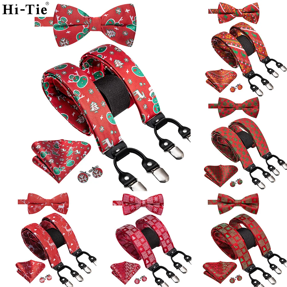 Silk Christmas Red Hi-Tie Mens Braces Jacquard Bowtie Hanky Cufflink Y Back Clip On Adjustable Suspender Bowtie Wedding smile