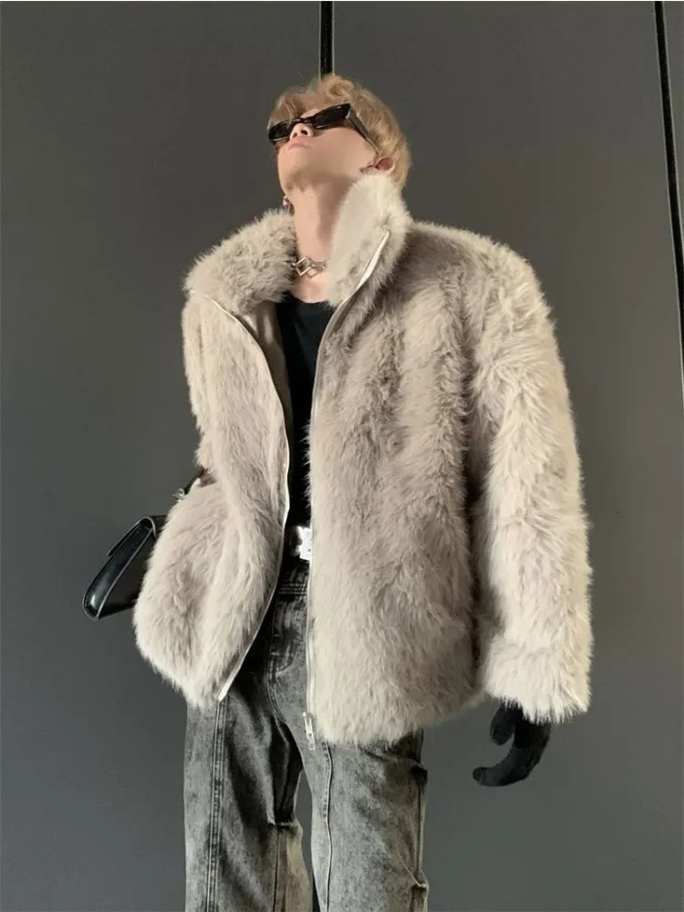 Korean fashion s fox fur coat for autumn and winter warm and thick black s fur coat trend street clothing mens clothing 241108