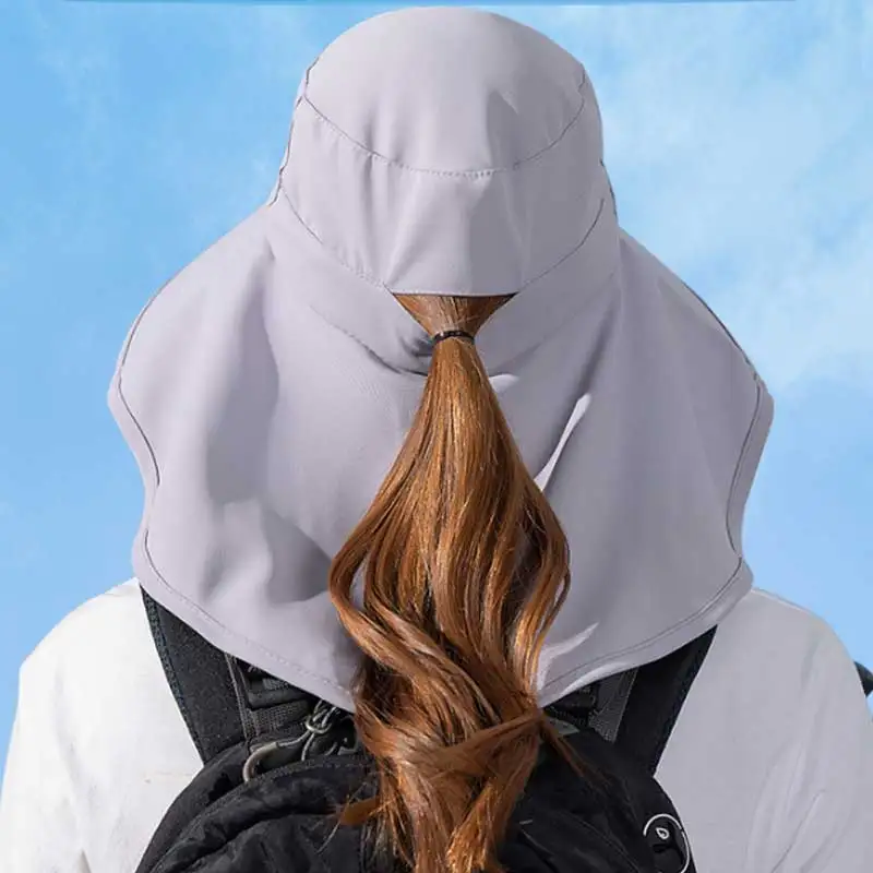 with Hat Women Bucket Shawl Summer 12cm Big Brim Sun Hat Quick Drying Outdoor Hiking Fishing Panama Cap Breathable Horsetail Hat smile