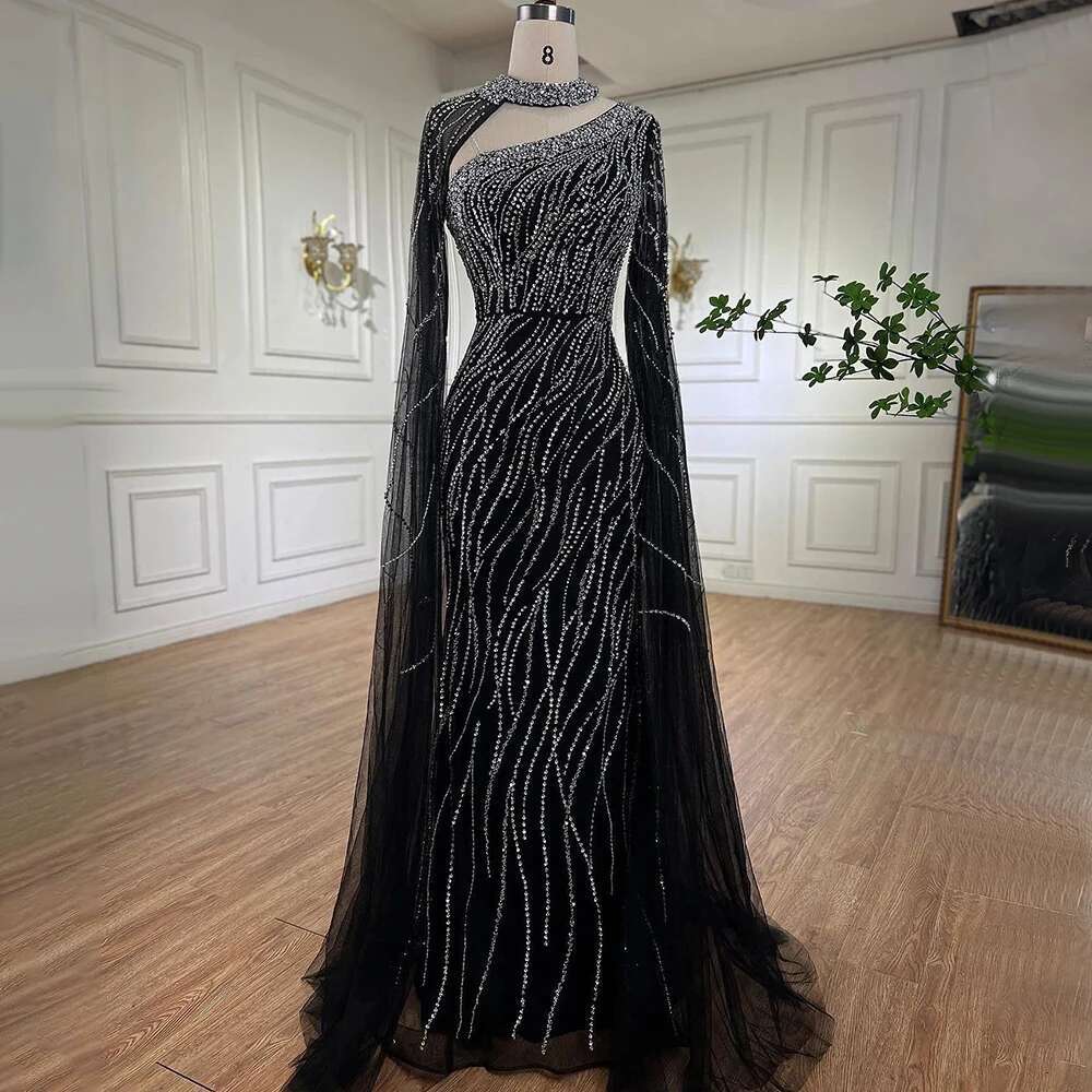 Serene Hill Black Mermaid Cape Sleeves Beaded Evening Dresses Gowns Arabic Party LA Customized
