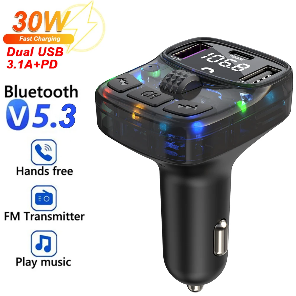 Bluetooth 5.3 Car FM Transmitter PD 30W Dual USB 3.1A Type-C Car Charger Handsfree new Car Kit Mp3 2025 Player Autoradio