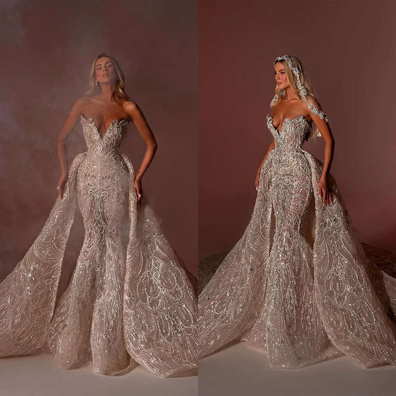 Crystal Mermaid Gorgeous Wedding Dresses Detachable Train Illusion Beaded Sequins Bridal Gowns Slim Strapless Custom Made Vestidos De Novia 0218