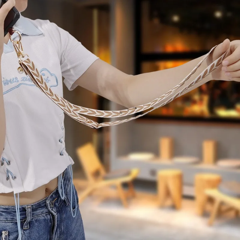 Long Adjustable Crossbody Mobile Phone Lanyard Wide Cloth Neckband Strap Hanging Pearl Anti-Lost Shoulder Phone Chain with Clip