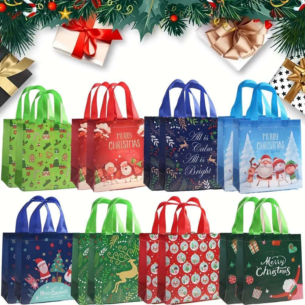 Christmas Gift Bag Set - 32/16/8pcs, Festive Non-Woven Tote Bags with Holiday Prints Party Favors, Candy & Presents, Perfect for Christmas Celebration
