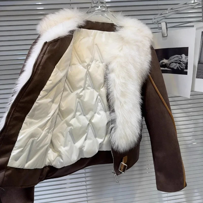 Winter Big Fox Fur Collar Suede Lining Leather Jacket Womens Clothing Long Sleeve Park Cotton Lining 241108