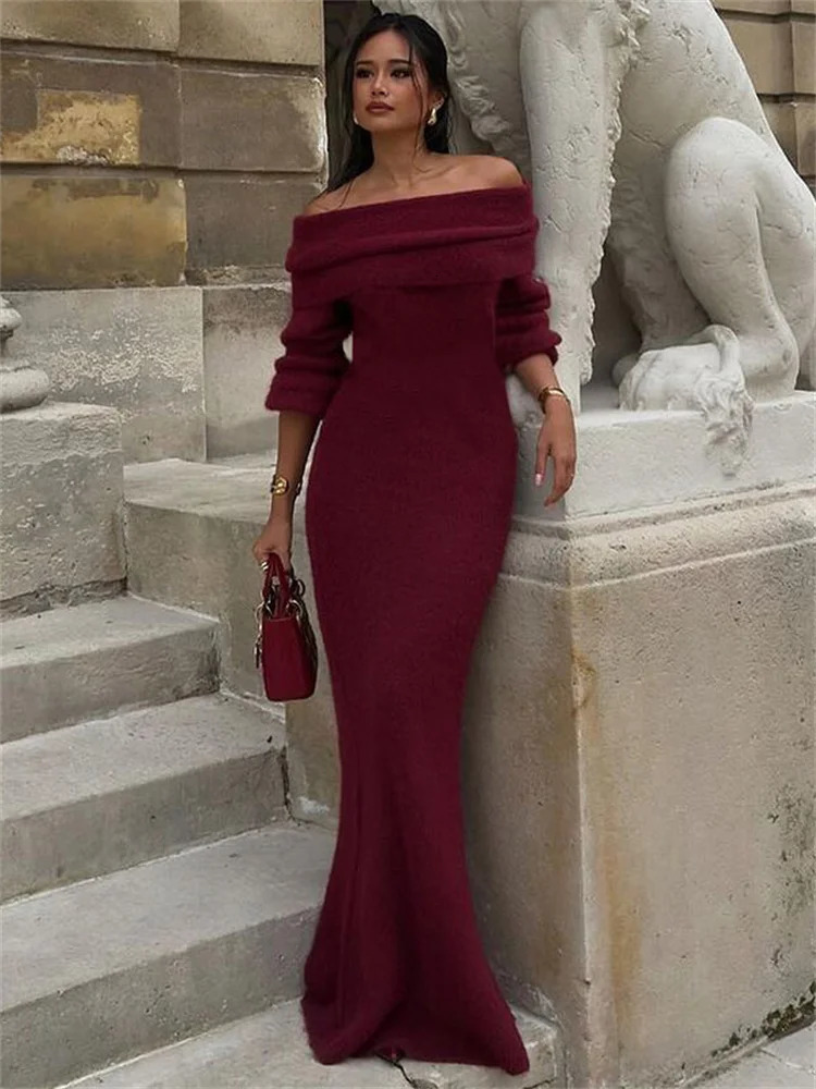 Tossy Winter Knitwear Sweater Long For Women Off-Shoulder Loose High Waist Slim Elegant Fashion Knit Ladies Dress 241108 C260312