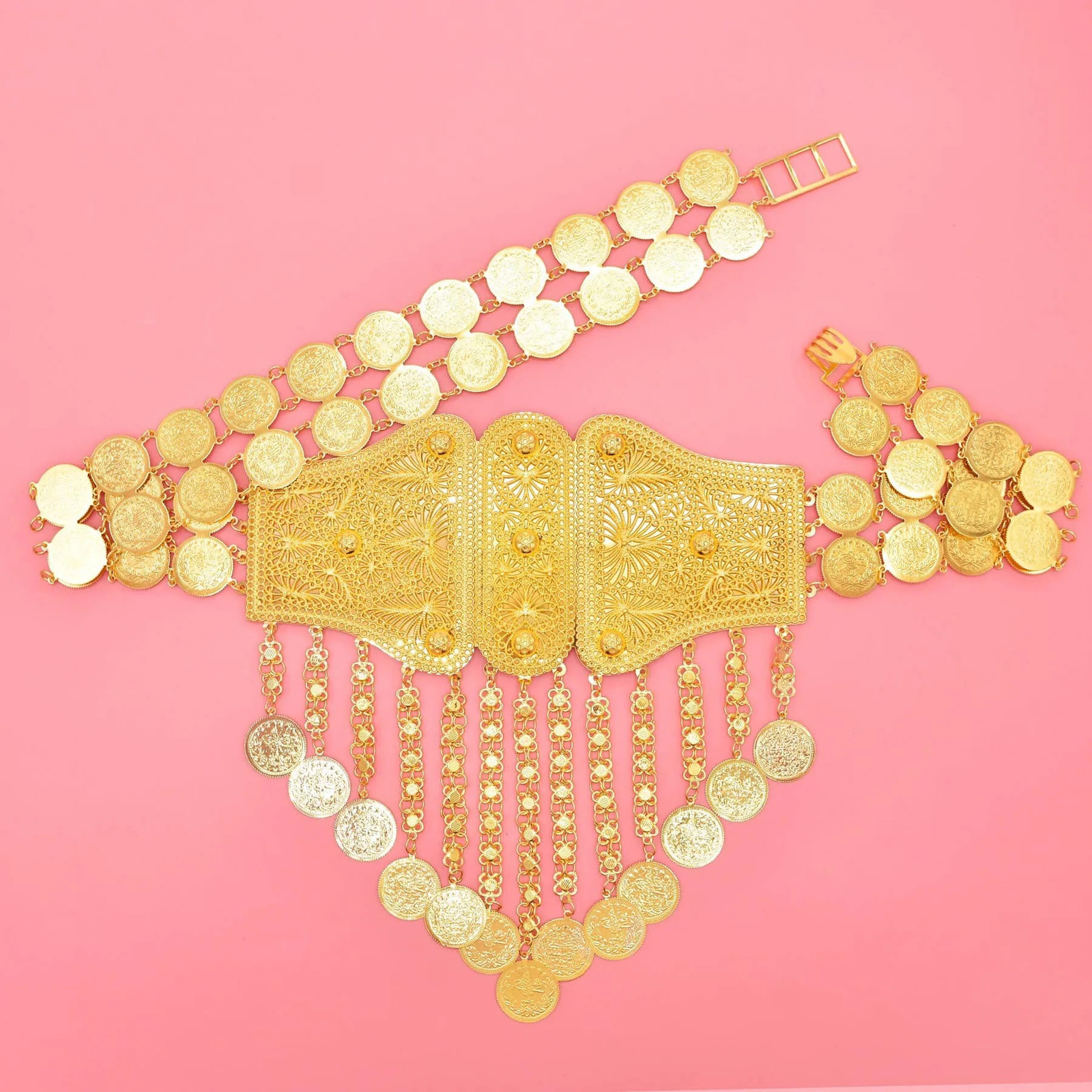 Indian Arab metal waist chain large French coin belt carved floral belly chain Algerian traditional holiday party jewelry 241108