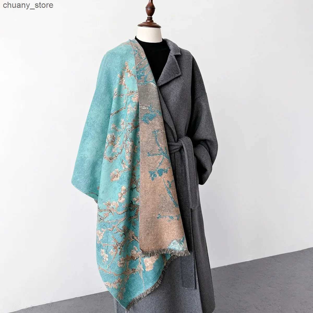Scarves 2024 Retro Floral Print Thick Cashmere Scarf Women Winter Autumn Keep Warm Shawl Wraps Blanket Pashmina Poncho Tassels Bufanda L240910