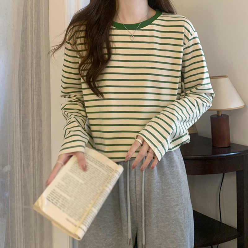 2025 new model Womens Long trend Sleeve T Shirts Spring Autumn Casual Loose Crewneck Color Block Stripe Tee Tops