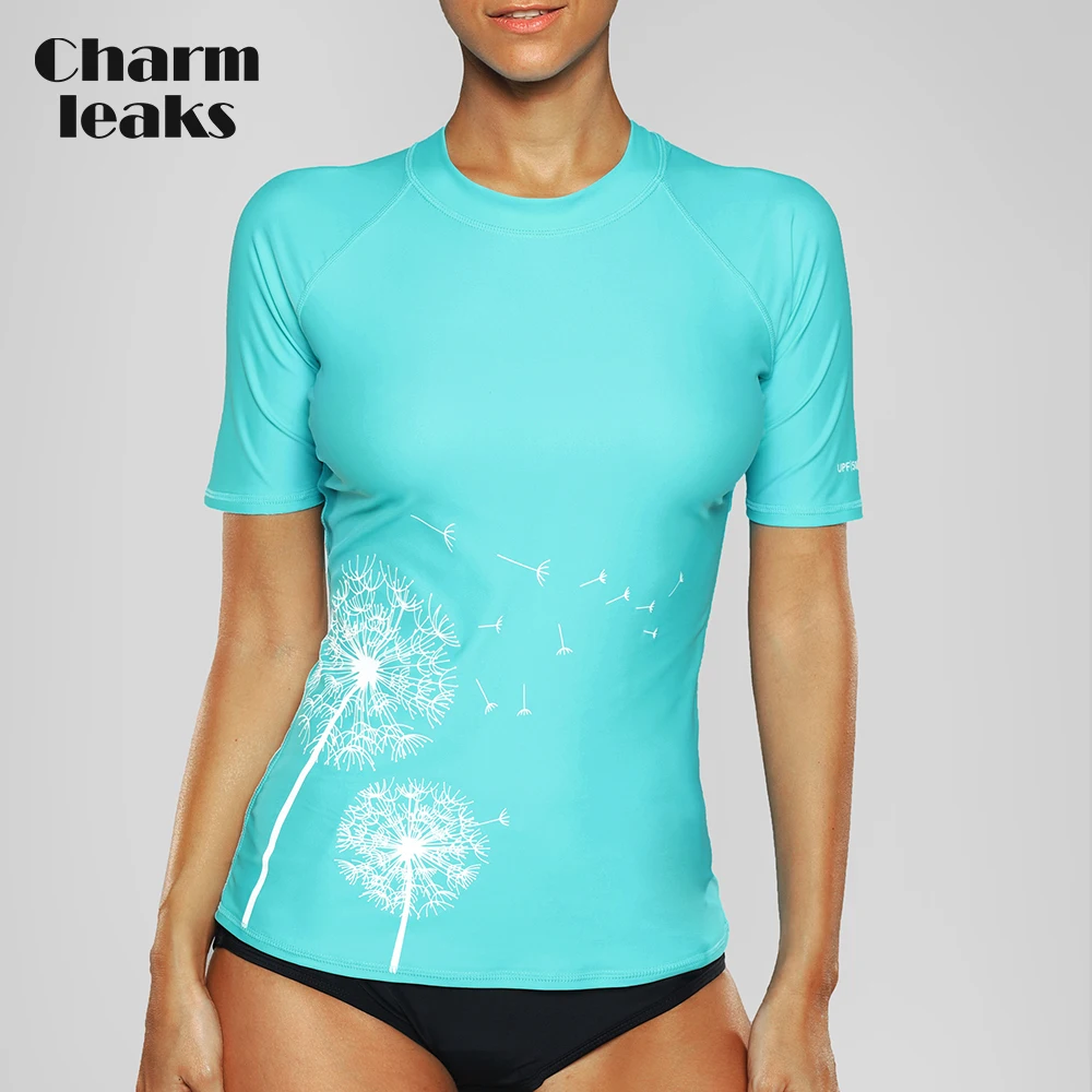 Women Short Sleeve Charmleaks Rashguard Swimwear Floral Print Swimsuit Surfing Top Rash Guard UPF50+Running Shirt Biking Shirts smile UPF50+Running