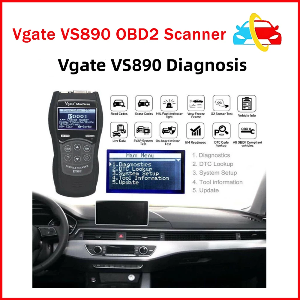 Maxiscan Mini Vgate Vs890s Vs890 Code Reader Scanner Obd2 EOBD CAN OBDII DTC Look-Up ddmysmile Multi-Language LCD Car Diagnostic Tools Smile