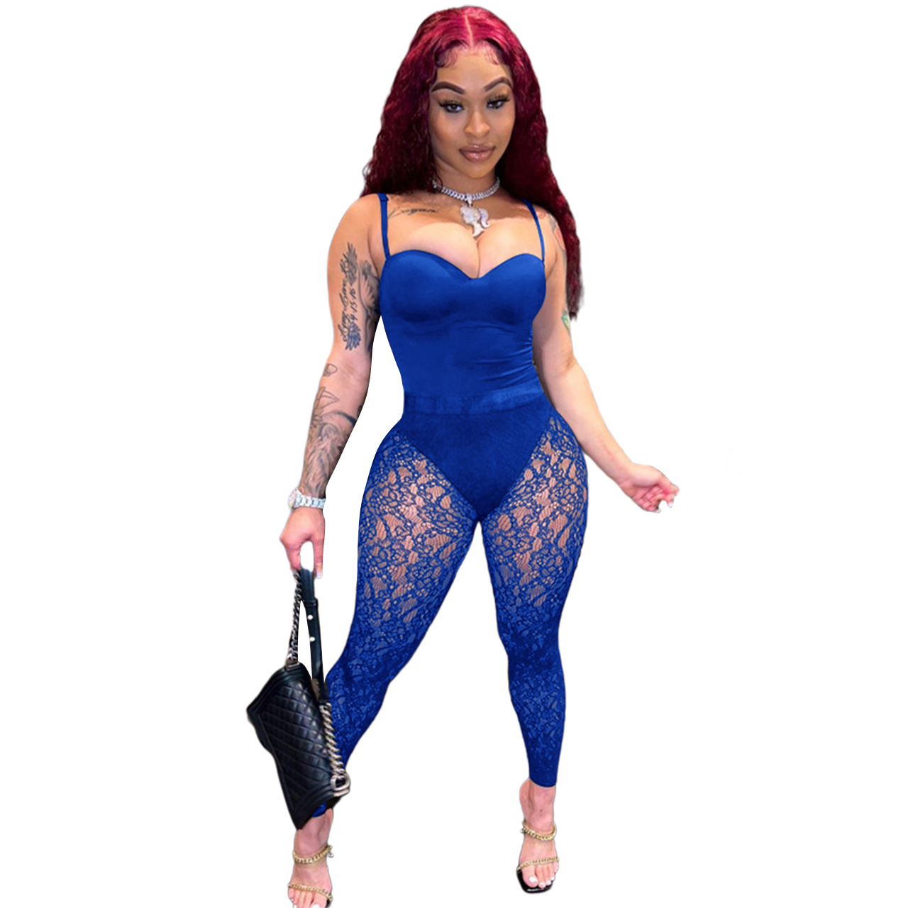 womens designer clothing Sexy Sleeveless Bodysuits See Through Lace Leggings two piece set women Summer Sheer Outfits Night Club Wear designer tracksu