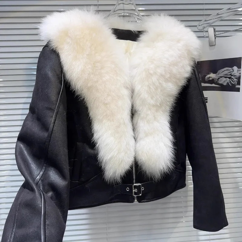 Winter Big Fox Fur Collar Suede Lining Leather Jacket Womens Clothing Long Sleeve Park Cotton Lining 241108