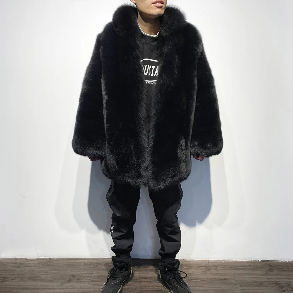 YOLOAgain Full Pelt Stand up Black Fox Fur Jakcet Mens Winter Warm Coat 241108