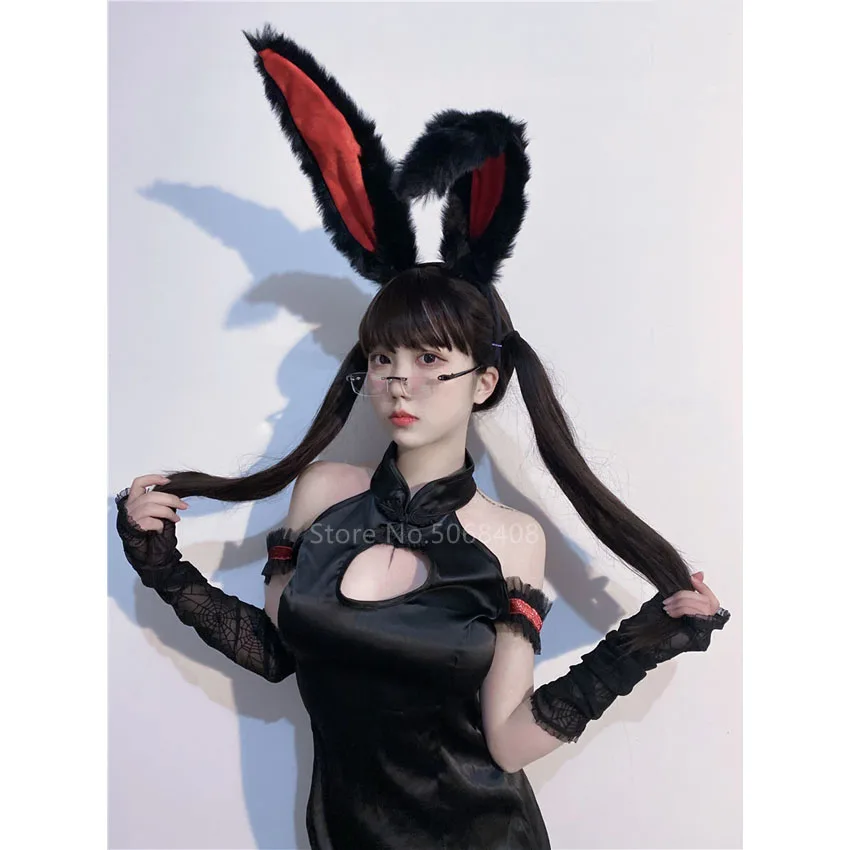 Japanese Kawaii Fur Lolita Kawaii Girls Carnival Cosplay Costume Women Girls Fur Long Rabbit Ear Feed Cats Cat Soft Ear Headgear smile