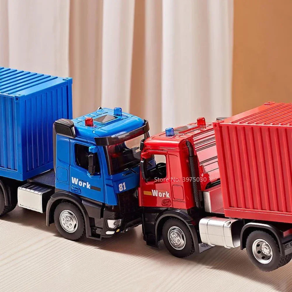 1/18 Container Transport Truck Model Toy Alloy Diecast Scale Car with Sound Light Door Can Be Opened Decorations for Boys Gifts