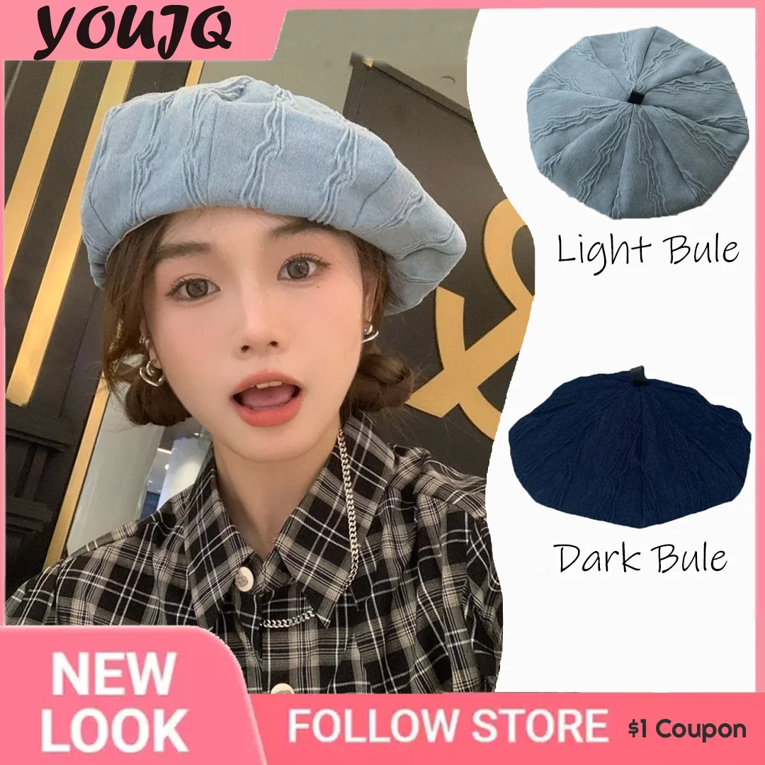 Niche Y2k Pleated Women's Denim Beret Big Head Circumference Japanese Painter Cloud Hat ddmysmile Washed Denim Berets Smile
