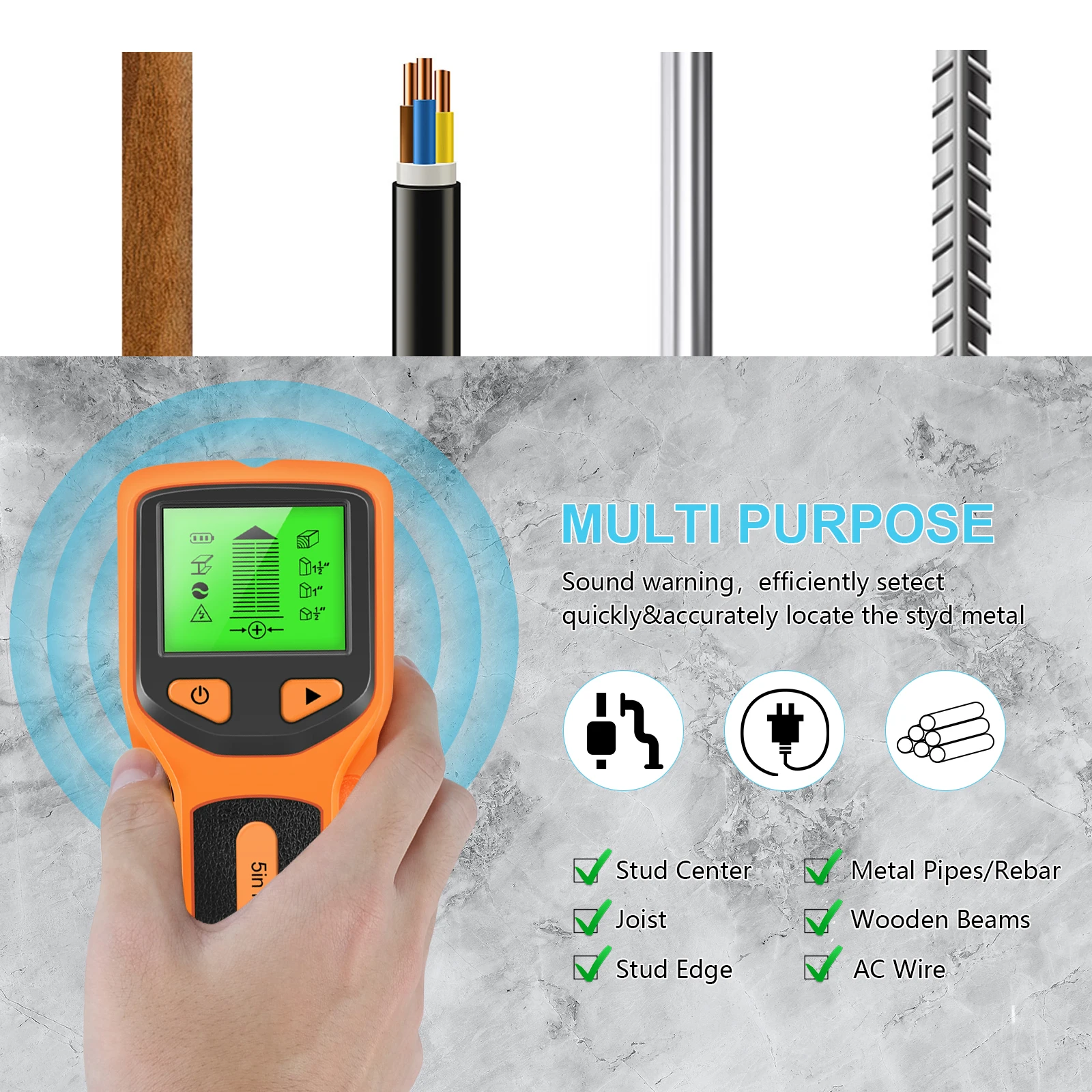 High-end Professional Gold All Metal Detector Cable Hidden Wiring Stud Voltage Live Wire Finder Waterproof Handheld Wall Scanner