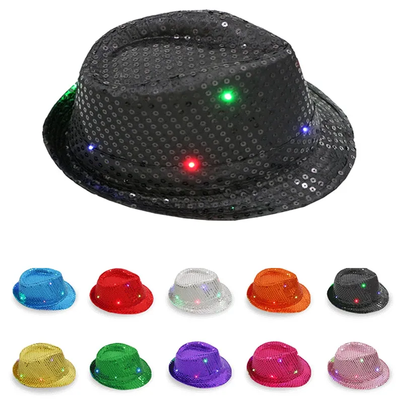 LED Luminous Creative Flashing Jazz Hat Glitter Sequins Cowboy Caps Performance Costume Shiny Hats ddmysmile Dance Show Party With Light Smile
