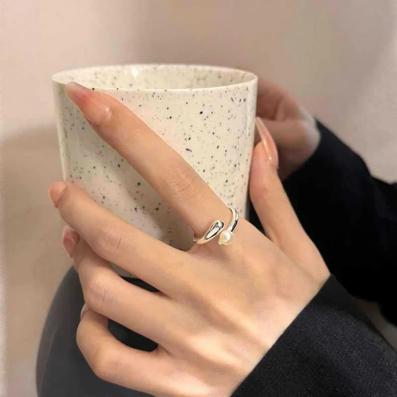 pearl cross sterling sier ring female simple gentle elegant sweet temperament personality opening ring smile