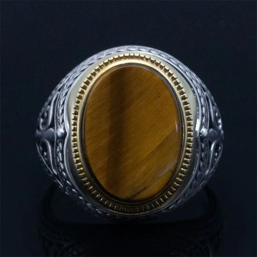 Wholesale Tiger eye's Stone Turkish rings Men Vintage Natural Handmade men Sterling silver ring 925 natural s