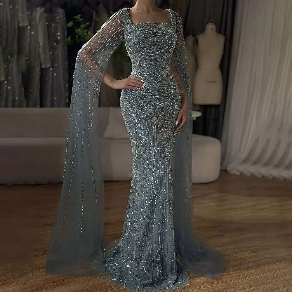 Hill Saudi Serene Arabic Turquoise Mermaid Evening Dress With Beaded Pearls Cape Sleeves For Ocn LA A Customized