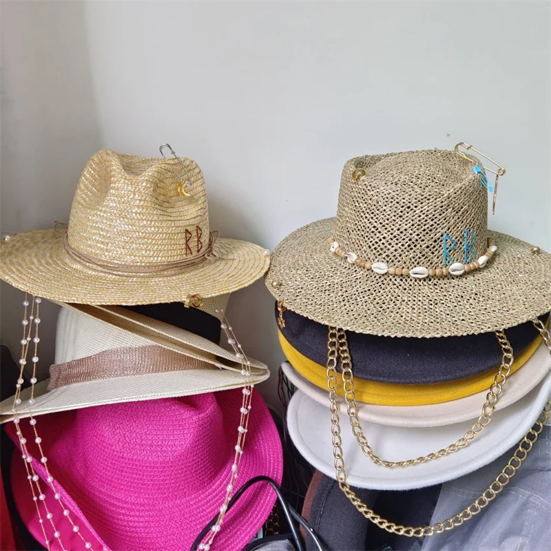 Straw DIY Hat New Punk Style Pearl Chain DIY Jazz Hat Sun Hat New Korean Letter Hat Beach Hat Men's and Women's Punk Hat Sun smile
